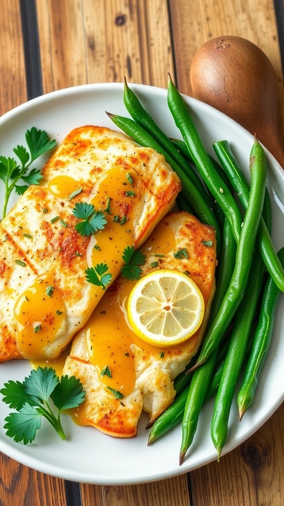 Lemon Garlic Tilapia with Green Beans Lemon garlic tilapia fillets with sautéed green beans, garnished with parsley on a rustic table.